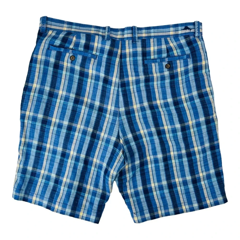 Tommy Bahama Blue & Yellow‎ Plaid Linen Tencel Lyocell Shorts Mens Size 38X9